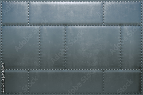  3d image of the metal skin of an airplane with rivets. Steel background from the plates.