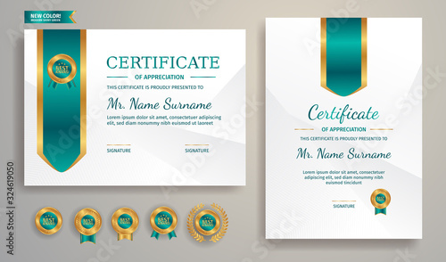 Gold and green certificate of appreciation template border with line pattern