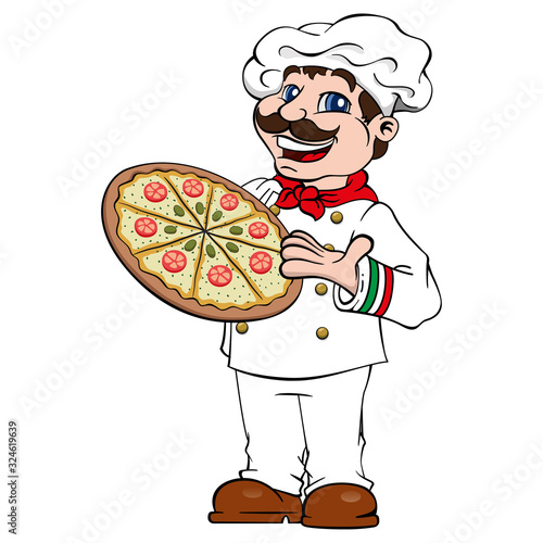 Illustration, cook pizzeria with a pizza in his hand. Ideal for catalogs, newsletters and institutional food material