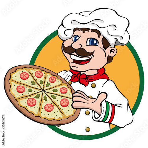Illustration, cook pizzeria with a pizza in his hand. Ideal for catalogs, newsletters and institutional food material