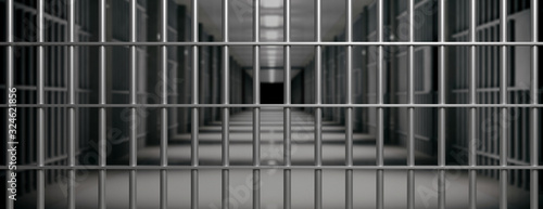 Prison interior. Jail cells and shadows, dark background. 3d illustration