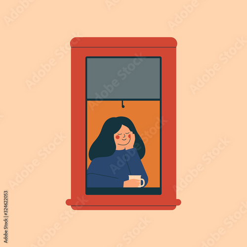A young woman with a mug in her hands dreamy looks out the window at the evening. Cute girl is sitting by the window and drinking coffee. Vector illustration