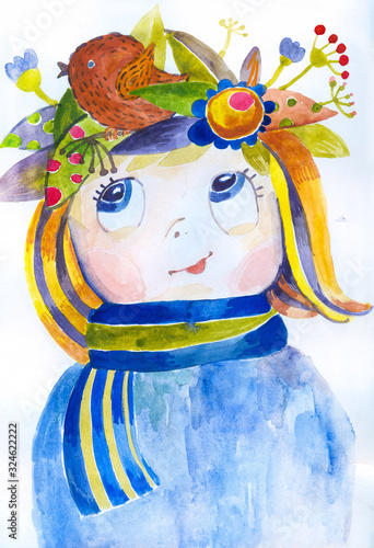 Watercolor portet of a little girl with a wreath of flowers. Children poster