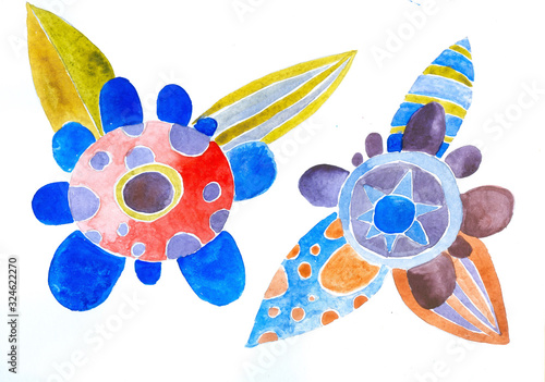 Two isolated watercolor decorative flower blossoms