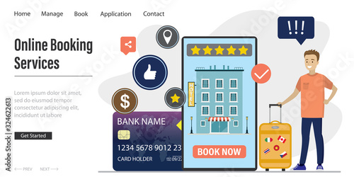 Online booking services landing page template background. Cartoon Hotel building on mobile display