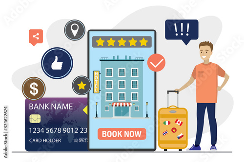 Cartoon Hotel building on mobile display. Hostel or apartment reservation. Happy male tourist with suitcase.
