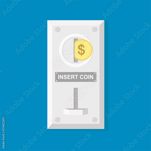 Dollar coin and slot on Vending Machine.Insert coin- text. Part of automatic laundromat or slot machine.