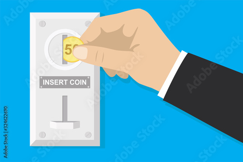 Cartoon hand inserting coin to slot on Vending Machine. Automatic laundromat or slot machine.