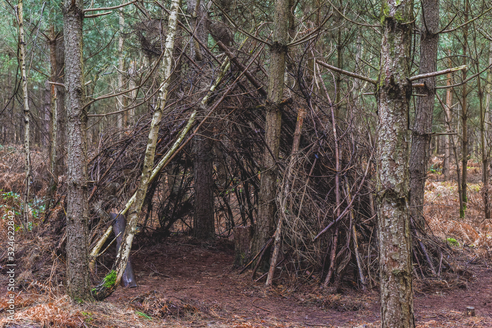 Stick shelter in the forest a wigwam style hut or den made by kids playing outside