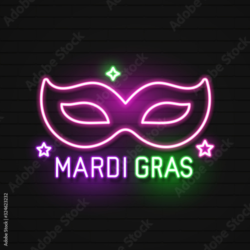 Mardi Gras Masquerade Mask. Shiny Neon Lamps Glow Stylization on Black Brick Wall. Venetian Carnival, Playbill, Night Club Invitation. Beautiful Holiday Flyer. Vector