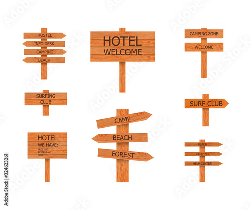 Vector Camp Wooden Signs Collection, Beach Pointer, illustration, Isolated.