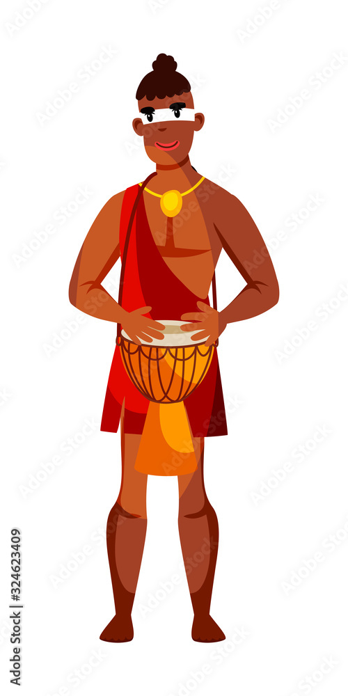 Tribal native man playing music drum isolated on white