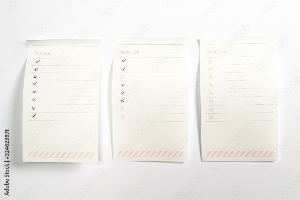 3 blank to do list planner with checklist and marks isolated on white background. 3 blank to do list planner with checklist and marks isolated on white background.
