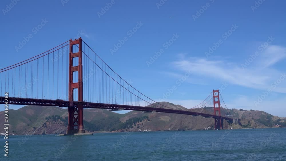 San Francisco, USA - August 2019: Golden Gate Bridge on a sunny summer day. The Golden Gate Bridge is a suspension bridge spanning the Golden Gate. San Francisco, USA - August 2019: Golden Gate Bridge on a sunny summer day. The Golden Gate Bridge is a suspension bridge spanning the Golden Gate.