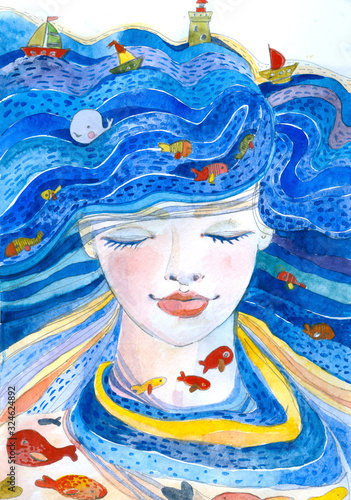 Watercolor ecology portrait of a sea girl. Sea background