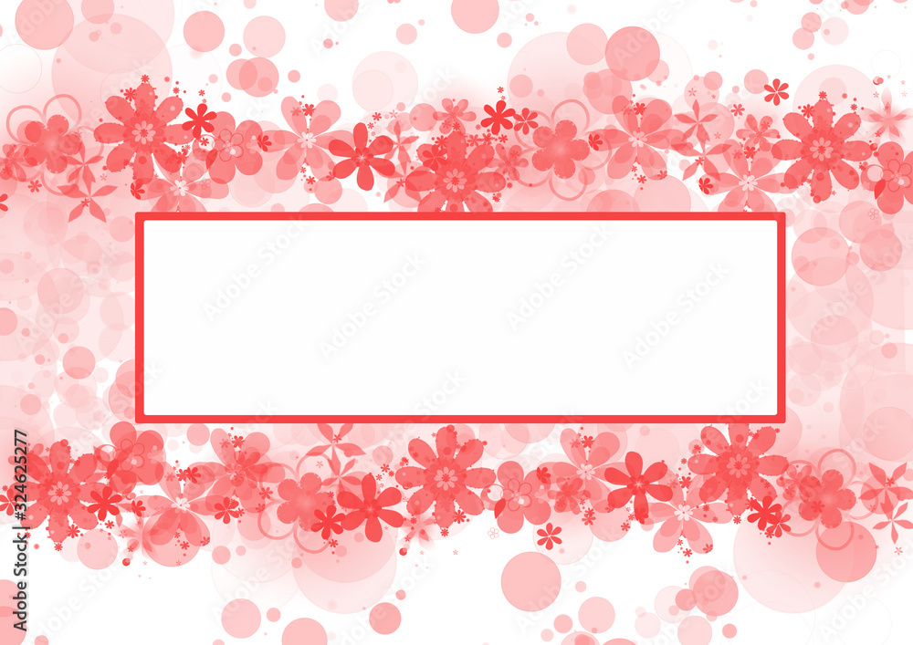It's spring time! Blank card with red frame and red flowers on white background. Illustration.