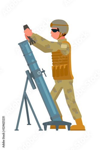 Artilleryman charging howitzer isolated on white