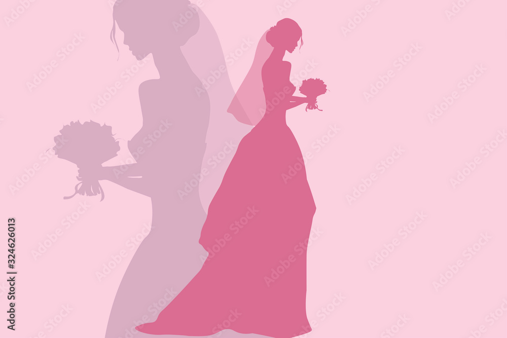 Silhouette of bride in wedding dress with bouquet of flowers. Vector
