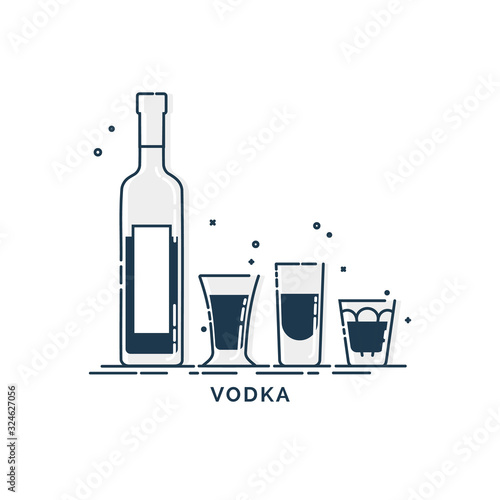 Bottle and glass vodka line art in flat style. Restaurant alcoholic illustration for celebration design. Design contour element. Beverage outline icon. Isolated on white background in graphic style