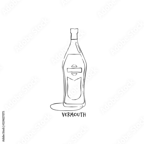 Bottle vermouth in hand drawn style. Restaurant illustration for celebration design. Retro sketch. Line art. Design element. Beverage outline icon. Isolated on white background in graphic stroke