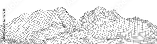 Vector wireframe 3d landscape. Technology grid illustration. Network of connected dots and lines. Futuristic background.