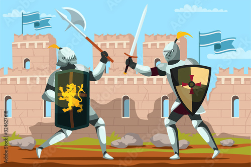 Two armed knights with sword and shield fighting