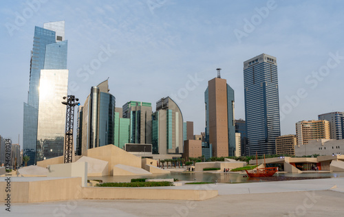 Abu Dhabi city skyscrapers and skyline, World Trade Center | Al Hosn modern museum celebrating the UAE culture | Modern city architecture design photo