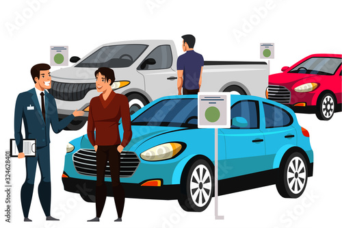 Seller talking with customer about car in showroom