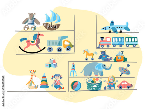 Stall or showcase shelves with toys for children