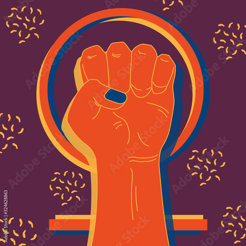 Raised fist with venus symbol. Feministic vintage art. Protest against sexism and misogyny. Flat style vector illustration in trendy colors. Fight concept. Design element for card, poster, logo. photo