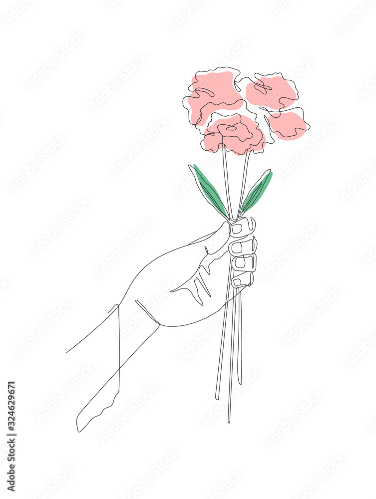 Obraz premium Continuous line drawing. Hand holding flower. Express feelings. Isolated on white background. Vector illustration.