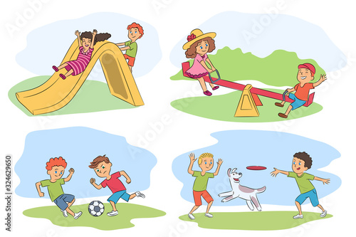 Funny kids recreation vector summer scenes set