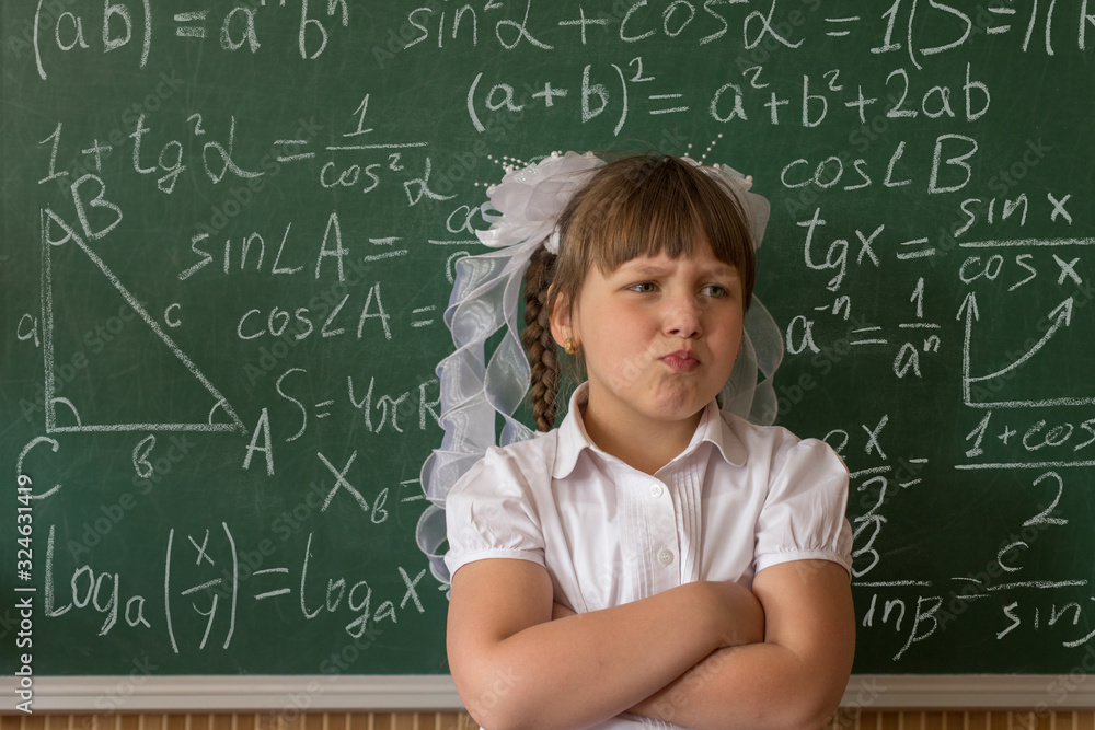 A girl in a white blouse near the school board writes mathematical formulas. Knowledge Day, back to school, concept.