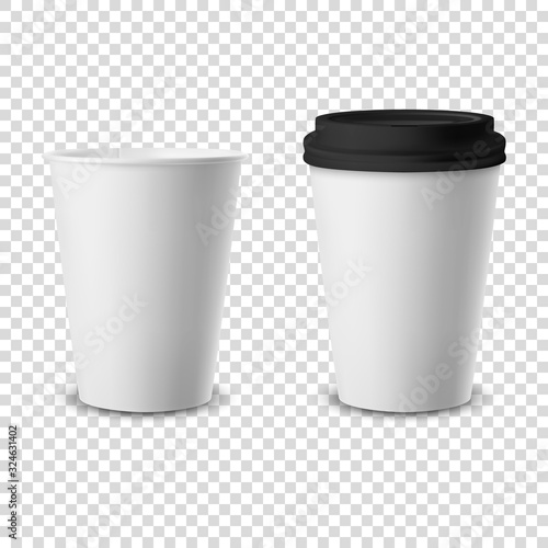 Vector 3d Realistic Disposable Opened and Closed with Lid Paper, Plastic Coffee Cup for Drinks Icon Set Closeup Isolated on Transparent Background. Design Template, Mockup. Front View