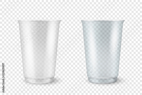 Vector Realistic 3d Empty Clear Plastic Opened, Closed Disposable Cup Set Closeup Isolated on Transparent Background. Design Template of Milkshake, Tea, Juice Packaging Mockup for Graphics