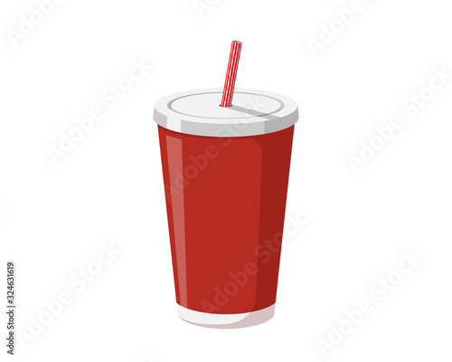Red disposable paper or plastic beverage cup packaging template with drinking straw for soda or fresh juice cocktail. Vector illustration isolated on white background