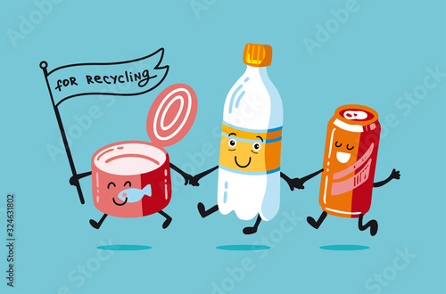 No plastic! Garbage for recycling. Vector flat illustration for World Environment Day. Zero waste. Characters tin can,  plastic bottle,  can are fun to recycle. Cartoon style,  kawaii. design for poster