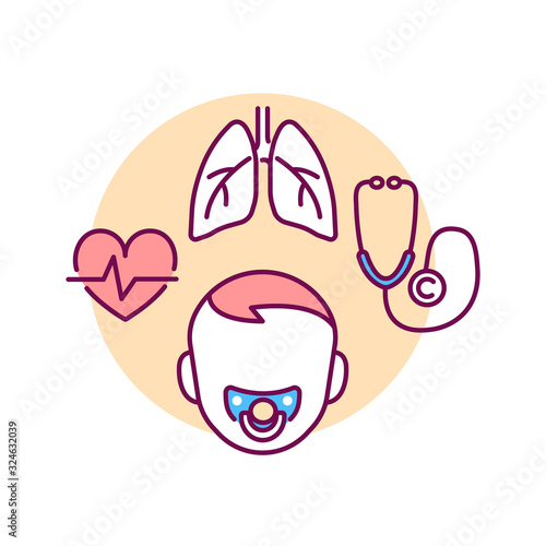 Pediatric pulmonology color line icon. Check and treatment respiratory system in children. Pictogram for web page, mobile app, promo. UI UX GUI design element.