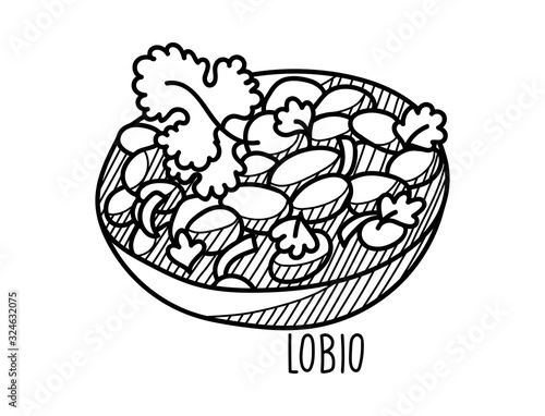 Hand drawn vector illustration of Lobio. Doodle isolated on white background with hand written title of the dish.