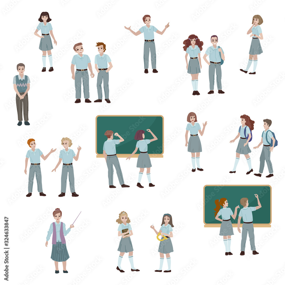 Group of high school students in uniform. Vector illustration