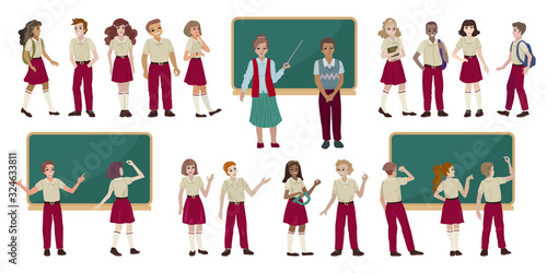 Group of high school students in uniform. Vector illustration