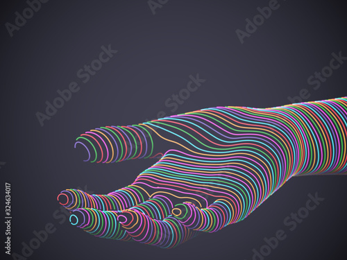 Palm woven from multicolored glowing digital threads. Assistance or inviting gesture. Concept of online support. Information technology or artificial intelligence background. Vector illustration.