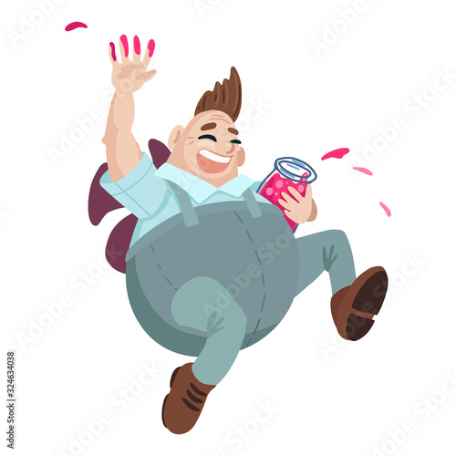 Cartoon fat boy with jar of jam. Vector illustration