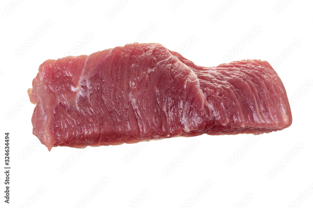 Single raw meat piece of pork or beef isolated on white background