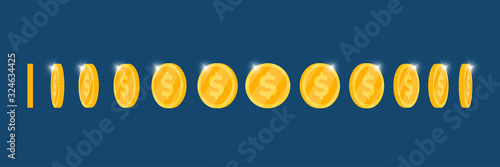 Gold 3d coin turn around different position set for game or apps animation. B...