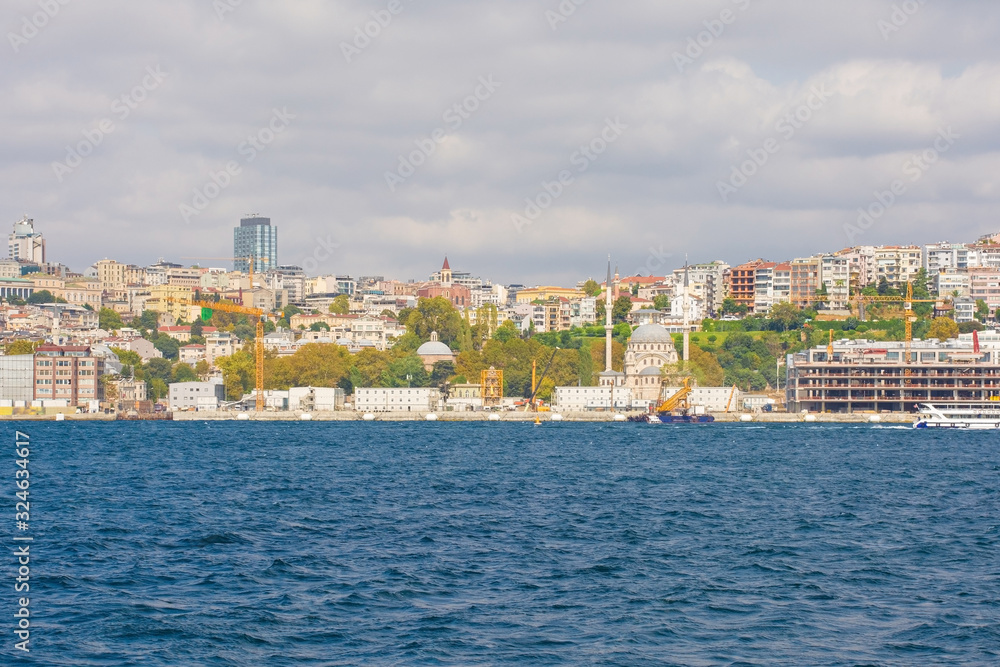 The waterfront of the Tophane area of the Beyoglu district in European Istanbul. Nusretiye Mosque is centre right