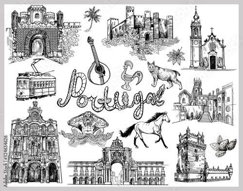 Set of hand drawn sketch style Portugal related objects isolated on white background. Vector illustration.