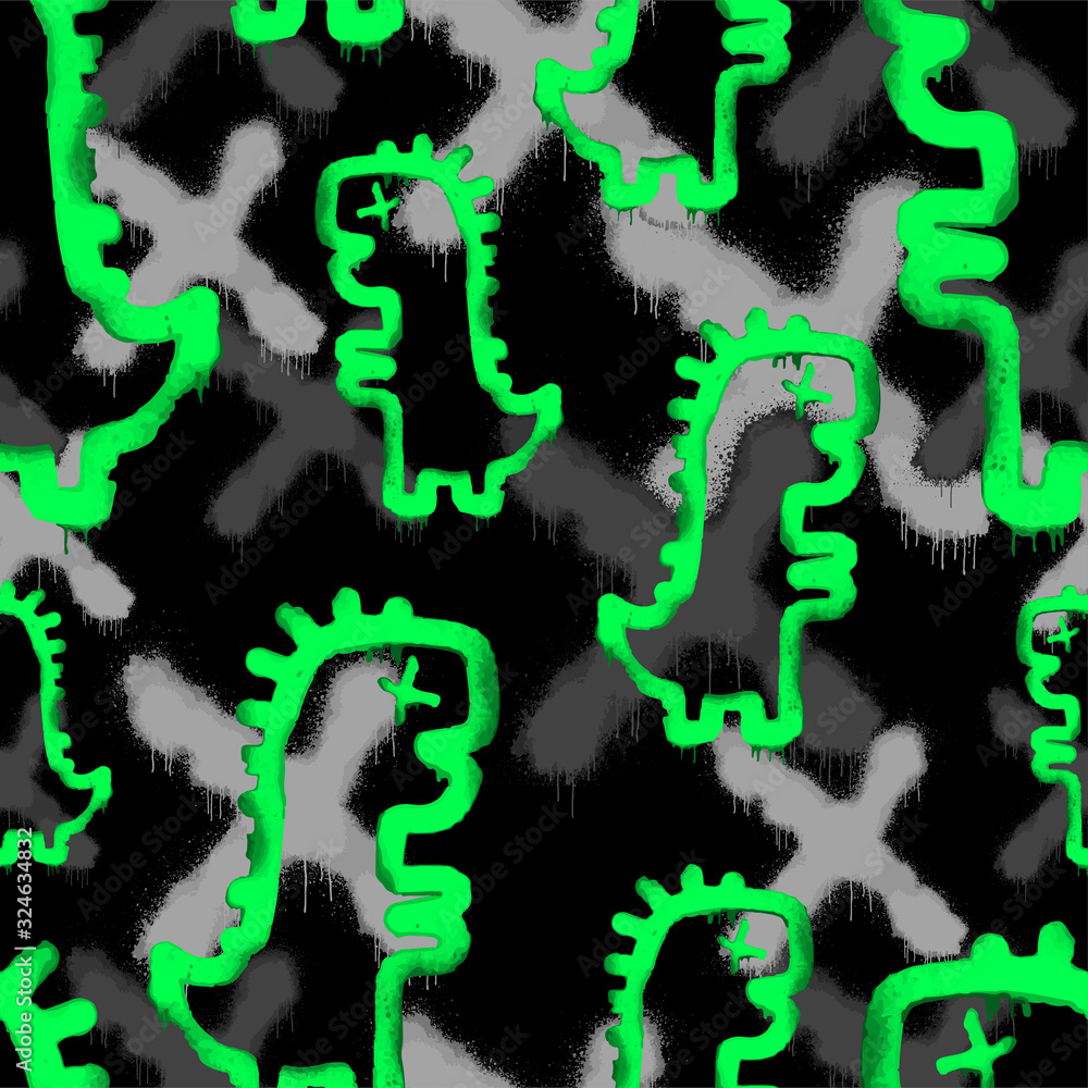 Vector seamless pattern of hand drawn grunge dinosaurs graffiti tags on black background. Vector hip hop endless doodle style hand drawn background. Vector seamless pattern of hand drawn grunge dinosaurs graffiti tags on black background. Vector hip hop endless doodle style hand drawn background.