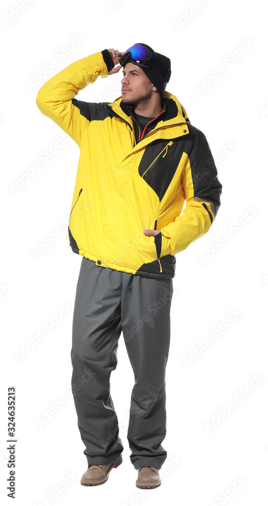 Man wearing stylish winter sport clothes on white background Man wearing stylish winter sport clothes on white background