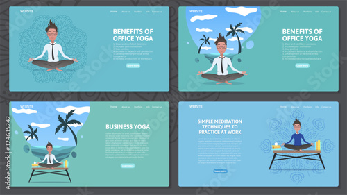 Set of web page design templates with yoga and meditation at job. Businessman relaxing in lotus position with handdrawn mandala and sea beach on the background. Vector flat cartoon illustration
